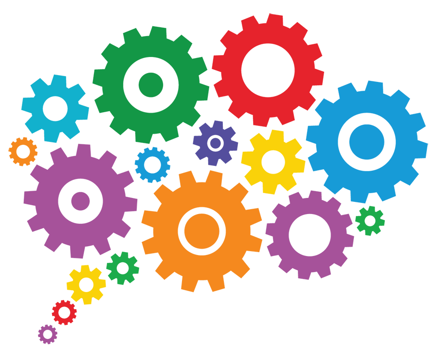 Brightly colored graphic of different sized cogs/gears