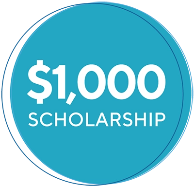 Teal circle with "$1000 Scholarship" in white text