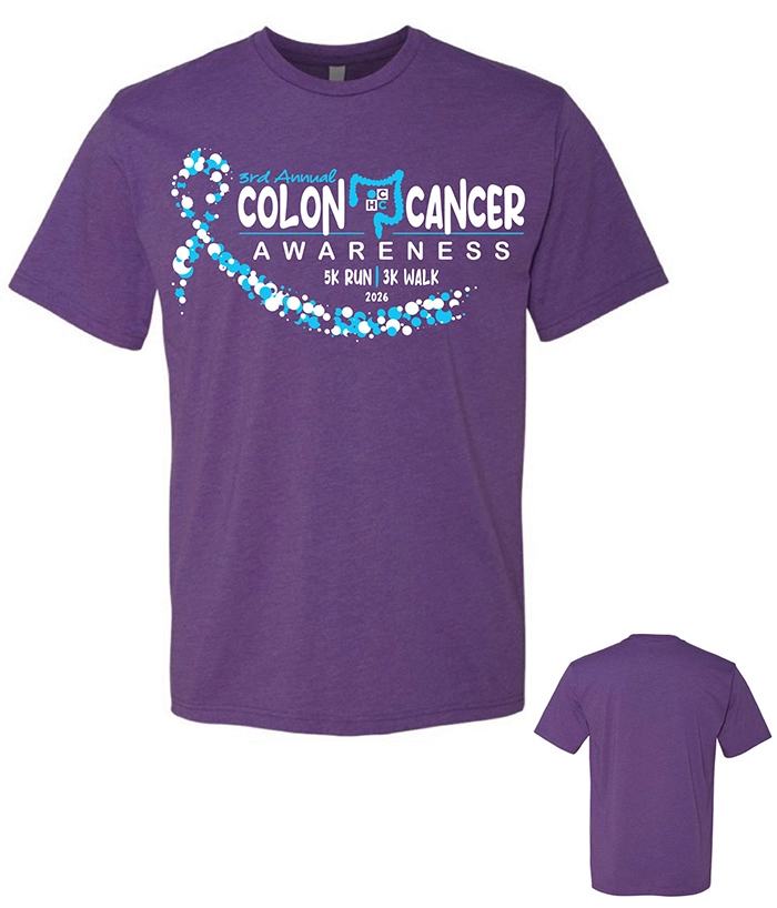 2026 Colon Run shirt - purple shirt with OCHC Colon Run logo