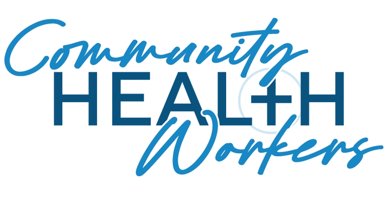 "Community Health Workers" in a stylized blue font