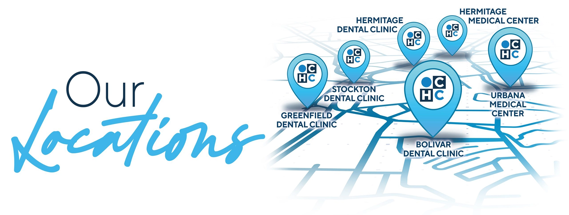 "Our Location" in stylized blue text next to a map with icons highlighting OCHC locations